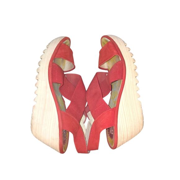 Fly London Yaji Women's Sz EU 38/US 7.5-8 Red Suede Stretch Strap Heeled Sandals - Picture 6 of 9